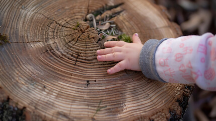 The child's hand touches the trunk of a large sawn tree, the concept of environmental protection. Generative AI illustration  - obrazy, fototapety, plakaty