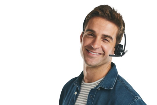Man, portrait and headset for telemarketing conversation or customer service, support or assistance. Male person, face and confidence or isolated transparent png background, call center or contact us