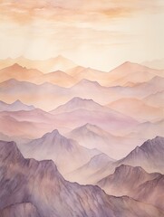 Muted Watercolor Mountain Ranges in Soft Sunset Hues