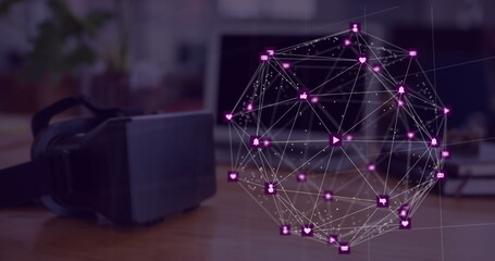 Image of digital interface with globe of icons and network of connections with VR headset