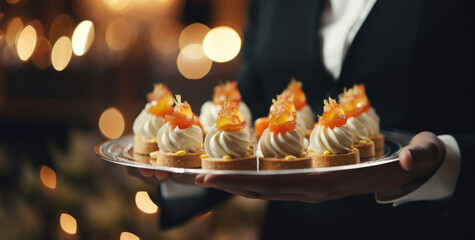 Closeup waiter serving finger food dessert on the tray during a cocktail parties or events catering