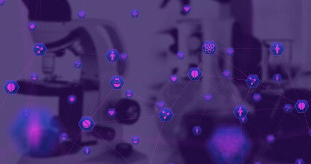 Image of digital interface with icons over out of focus laboratory