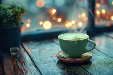 Foto op Plexiglas A cup of hot matcha latte or matcha green tea drink on a beautiful wooden table counter. © เลิศลักษณ์ ทิพชัย
