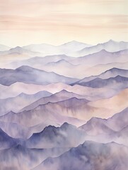 Muted Watercolor Mountain Ranges: A Pastel Dusk Painting of Twilight Landscape