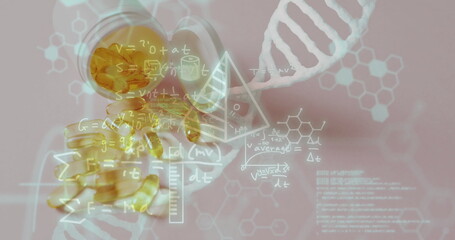 Image of dna strand and data processing over pills
