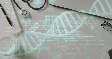Image of dna strand and data processing over doctor office with laptop and stethoscope
