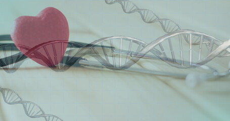 Image of dna strands and scope scanning over stethoscope and heart