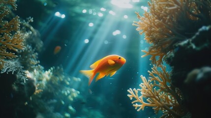 Obraz premium Vibrant underwater seascape with tropical fish swimming around a sunlit coral reef, showcasing marine biodiversity.