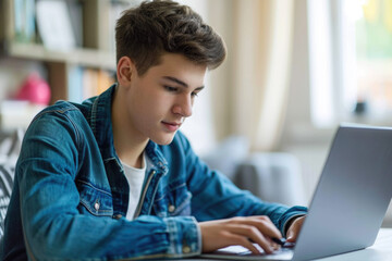 Fototapeta premium Young man sitting at table using laptop computer. Suitable for technology and work-related themes
