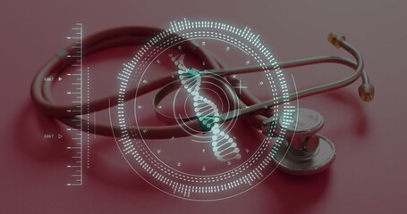 Image of dna strand and scope scanning over stethoscope