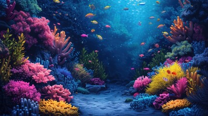 Fototapeta na wymiar Vibrant underwater seascape with tropical fish swimming around a sunlit coral reef, showcasing marine biodiversity.