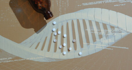 Image of dna strand and data processing over pills