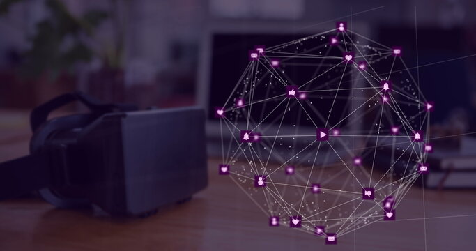 Image of digital interface with globe of icons and network of connections with VR headset
