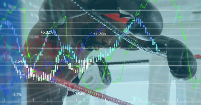 Image of digital interface with statistics recording and data processing over male boxer resting