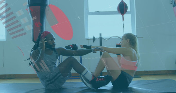 Image of digital interface with statistics scanning and data processing over female boxer with her m