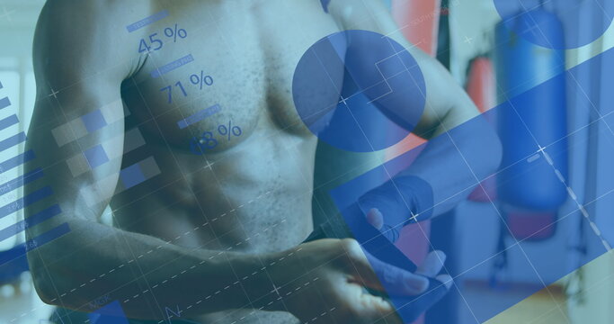 Image of digital interface with statistics scanning and data processing over 
male boxer with her m