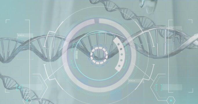 Image of dna strands and scope scanning over hand with stethoscope - Powered by Adobe