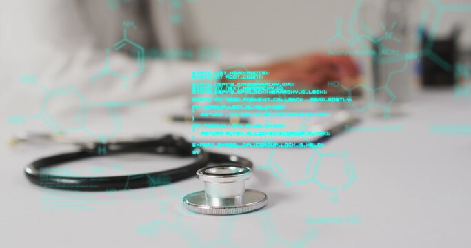 Image of chemical structures and data processing over biracial female doctor using laptop