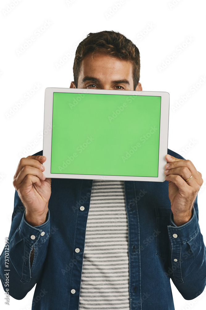 Poster green screen, mock up and portrait of man with tablet for advertising and marketing. chroma key, mod