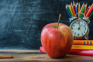 School Stationery, Books, Apple, Clock, Back to School Concept, Education Day Ideas with Chalkboard Background
