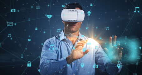Image of digital interface with icons and network of connections with man wearing VR headset