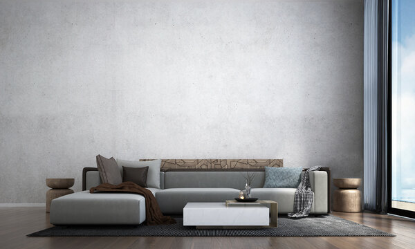 The modern interior design concept of lounge and living room and empty concrete wall background