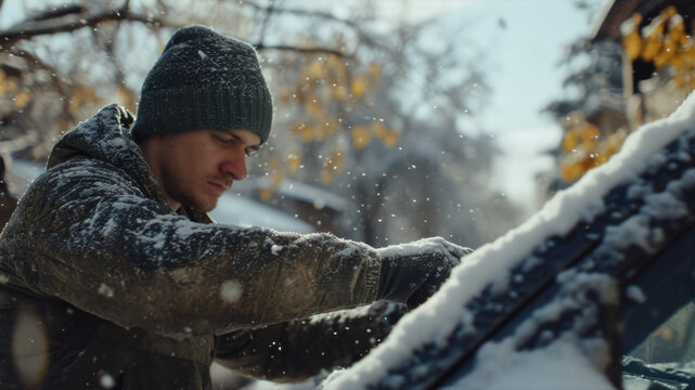 Man is shown removing snow from windshield of car. This image can be used to depict winter weather conditions and need for snow removal