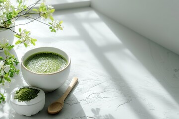 A cup of matcha green tea and matcha powder with a matcha green tea maker on a simple background. - obrazy, fototapety, plakaty
