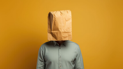 Man with a paper bag on his head on isolated yellow background with space for copy - obrazy, fototapety, plakaty