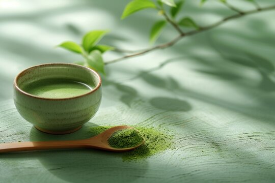 A cup of matcha green tea and matcha powder with a matcha green tea maker on a simple background.