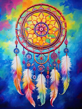 Vibrant Visions: Colorful Native American Dreamcatchers Acrylic Art