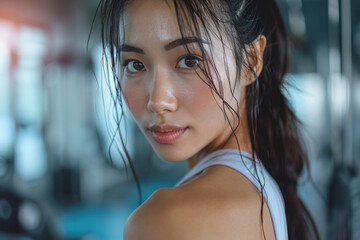 Woman with wet hair in gym. Can be used to showcase post-workout or fitness-related themes