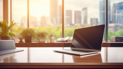 Laptop computer mockup on the office conference room on the table