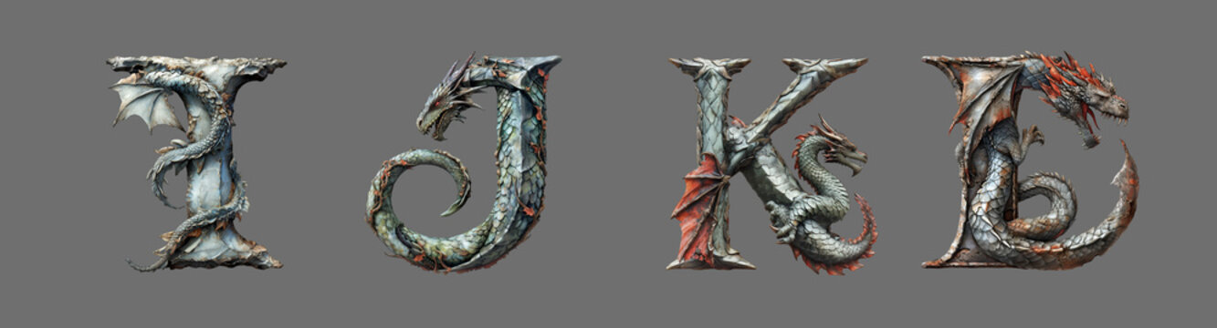 Letters I, J, K, L in dragon style. Unusual fantasy font on the gray background.