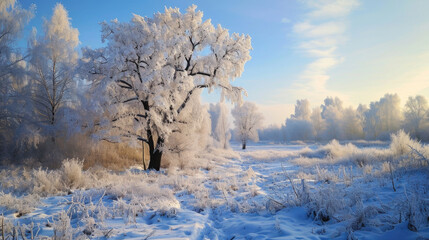 Snow covered field with tree in middle. Suitable for winter landscapes and nature themes