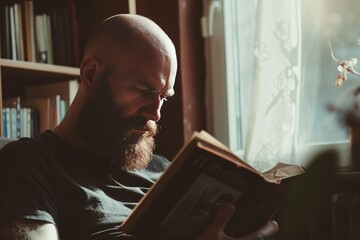 Atheist individual in a contemplative moment, reading a philosophy book in a serene home environment. - obrazy, fototapety, plakaty