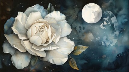 harmonious blend of nature’s elements under the moonlight, where the silvery glow of the moon enhances the beauty of foliage and a blossoming rose