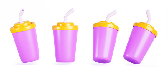 3d set of color plastic cup icons with straw and lid. Isolated empty packaging template for cold summer drinks, ice tea or coffee, fresh beverages, juice, soda, lemonade render mockup. 3D illustration