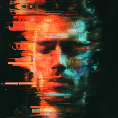 Glitch Portrait.  Generated AI.  A digital rendering of a portrait with a colorful glitch effect applied.