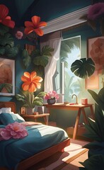 Stylish interior of bedroom with beautiful exotic flowers on wall, Generative AI