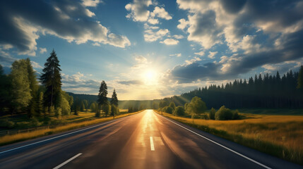 Highway road in the sunset towards the horizon with light clouds - travaling journey and achieving goals | Generative AI