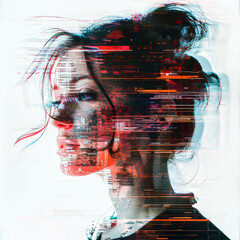 Glitch Portrait.  Generated AI.  A digital rendering of a portrait with a colorful glitch effect applied.
