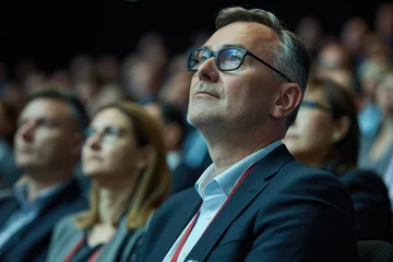 Foto op Canvas Professional man wearing suit and glasses sitting in front of crowd. Suitable for business presentations and public speaking events © vefimov