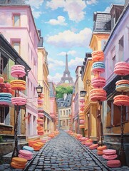 Pastel Parisian Macaron Towers: A Delightful Pathway of Macarons along Paris Streets
