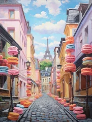 Plexiglas foto achterwand Pastel Parisian Macaron Towers: A Delightful Pathway of Macarons along Paris Streets © Michael