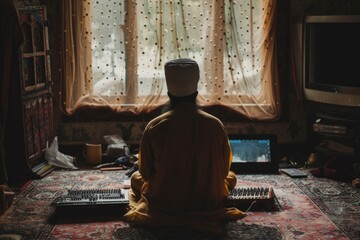 Sikh man practicing Kirtan at home, using digital resources to learn and preserve the tradition.