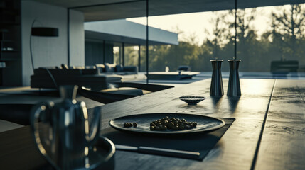Obraz premium Wooden table with plate of delicious food. Perfect for food blogs, recipe websites, and restaurant menus