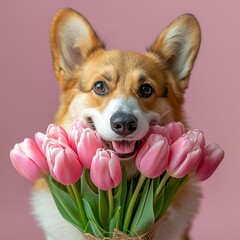 Cute corgi dog with pink tulips on pink background