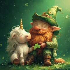 Fantasy card for St. Patrick's day with leprechaun and unicorn