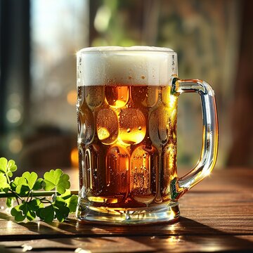 Beer glass and shamrock on wooden table